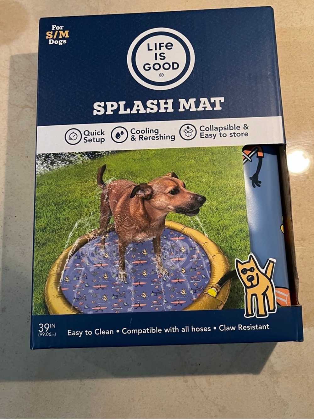 Life Is Good Dog Splash Mat — Blue and Yellow